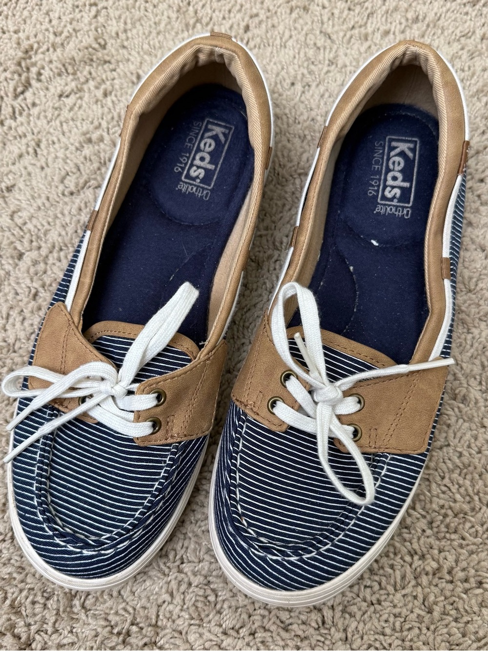 Keds Navy Striped Canvas Boat Shoes with Tan Trim